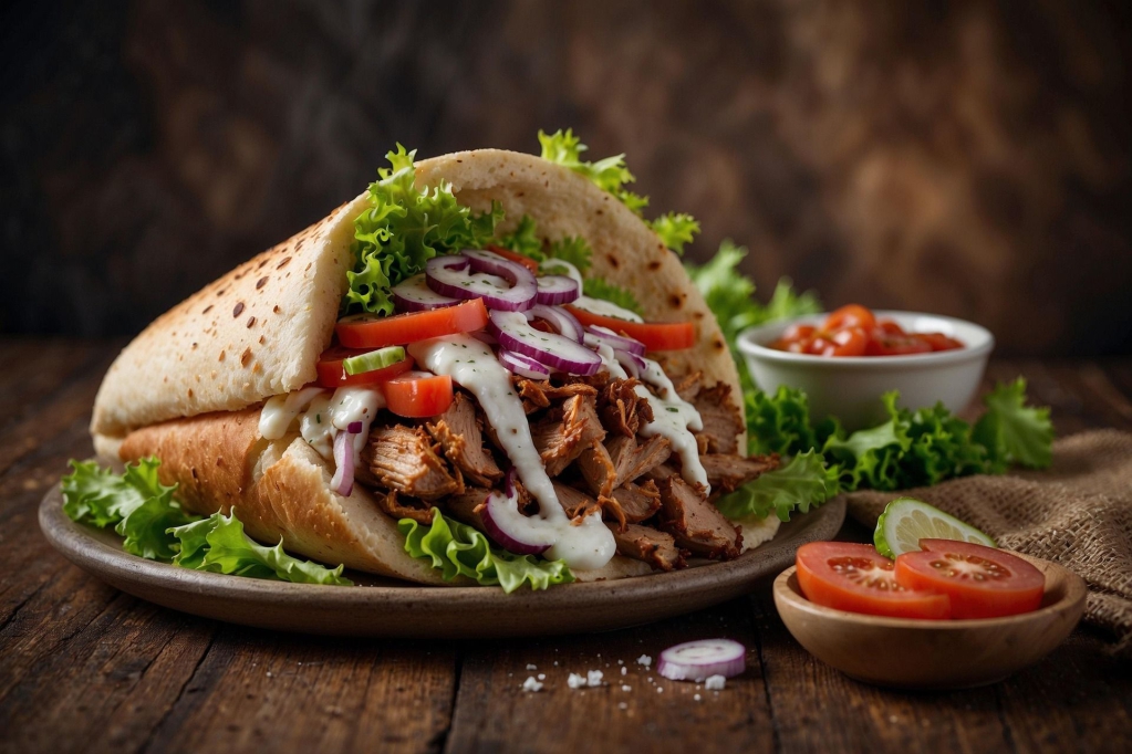 Ein großer, reich gefüllter Taco mit geschreddertem Fleisch, Salat und Soße.