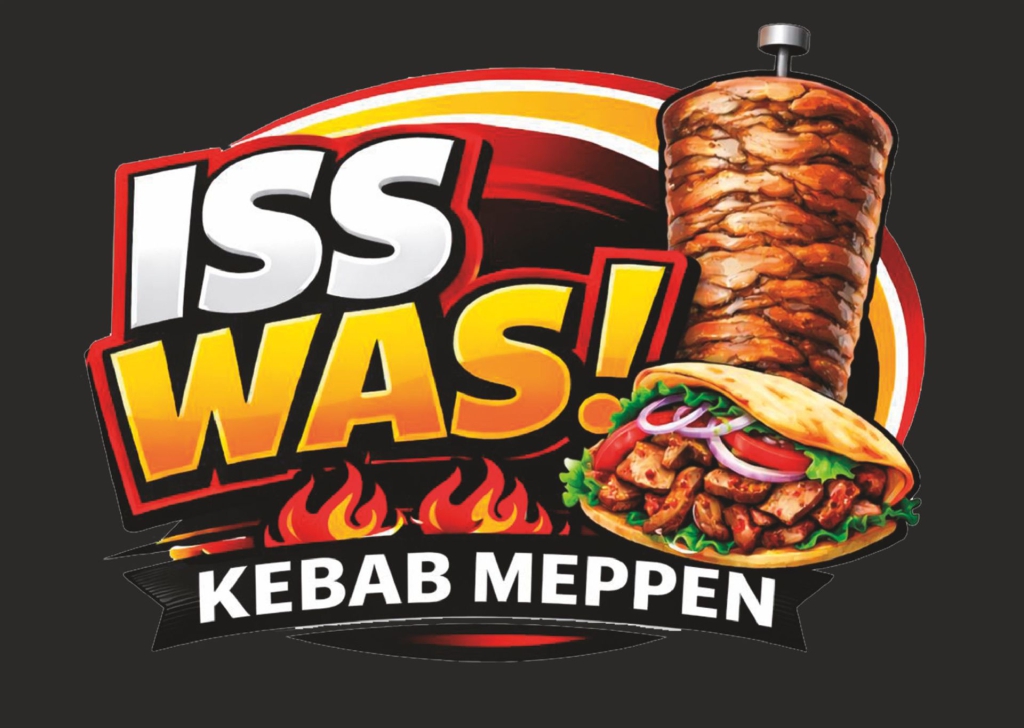 Werbeplakat für ein Kebaprestaurant mit Spießfleisch und einem belegten Wrap.